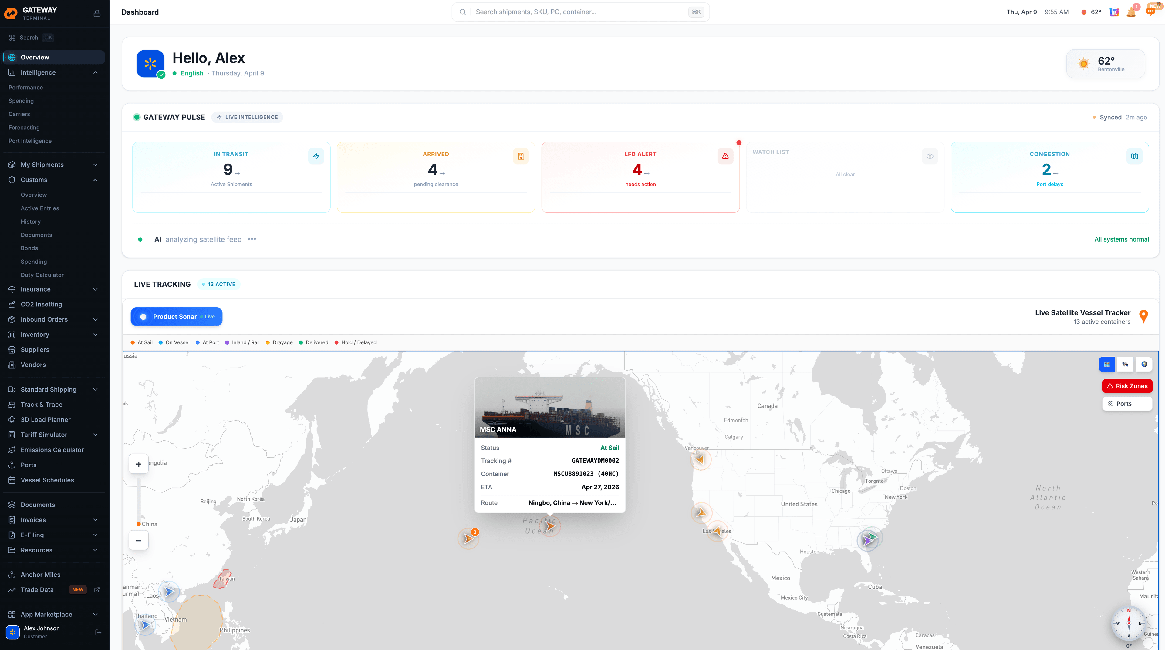 Gateway Terminal dashboard with shipment overview, tracking and freight intelligence