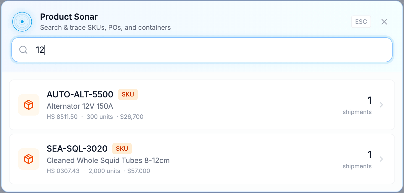 Product Sonar — Search view of SKU lifecycle