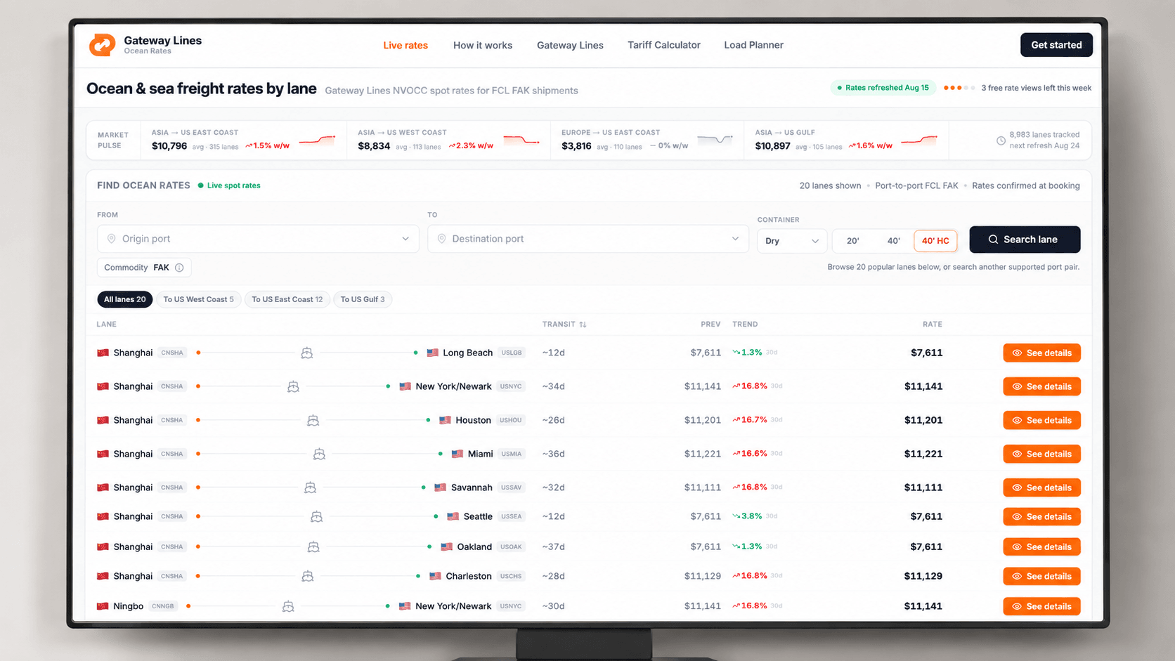 Ocean Freight Spot Rates, Published in Public — No Login, No Waiting