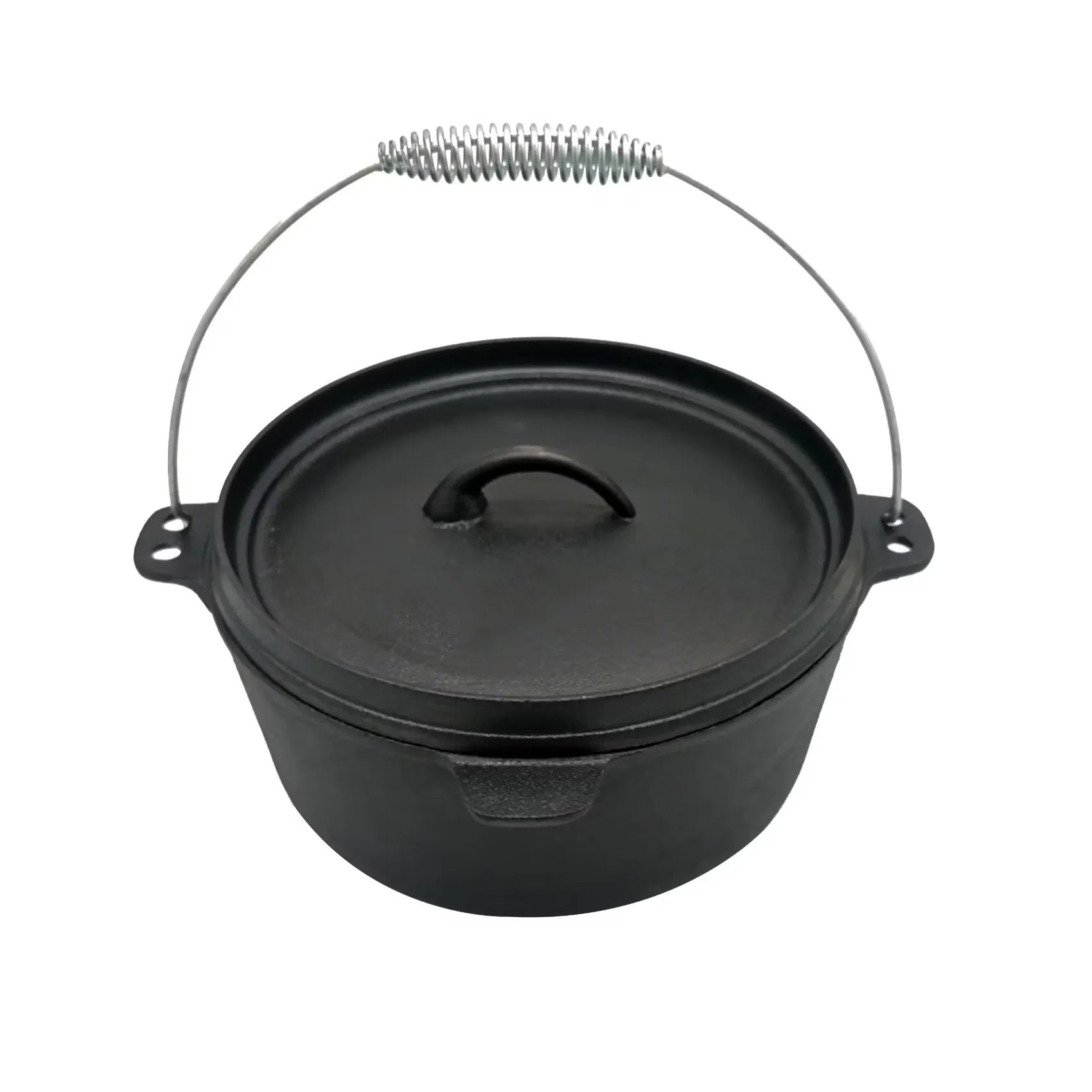 Pre-seasoned cast iron camping Dutch oven with a wire handle