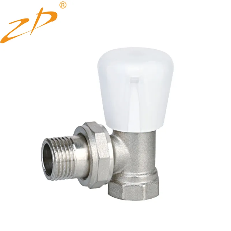 Nickel plated angle radiator valve with white handwheel