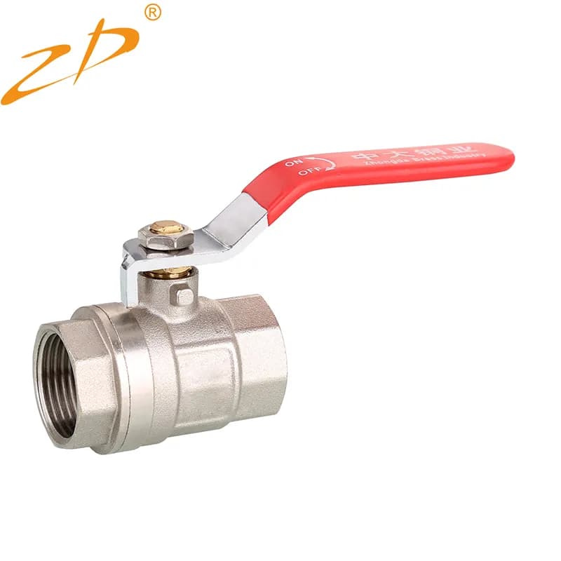 Nickel plated brass ball valve with red lever handle and female ends
