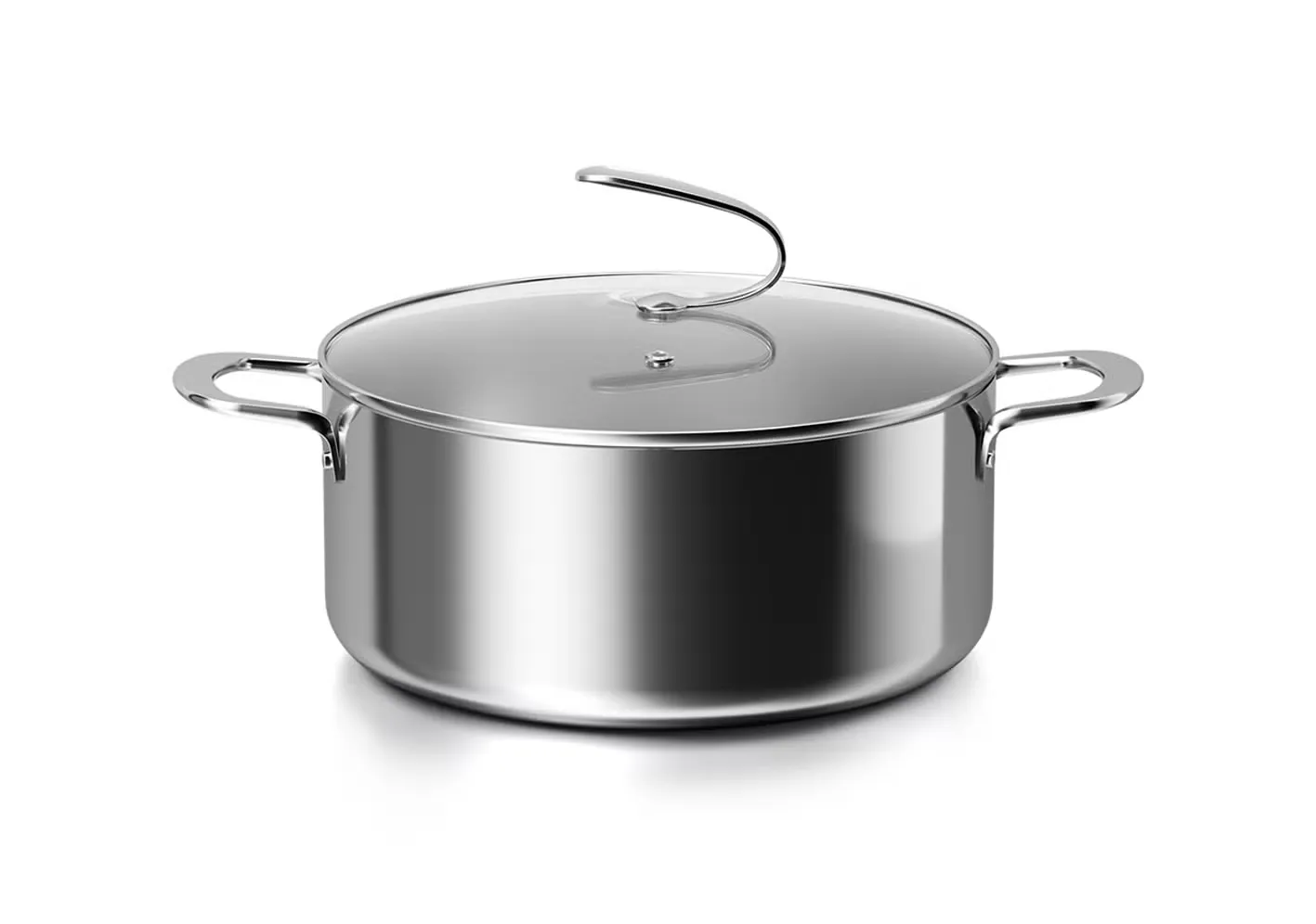 Stainless steel casserole with a glass lid and a looped lid handle