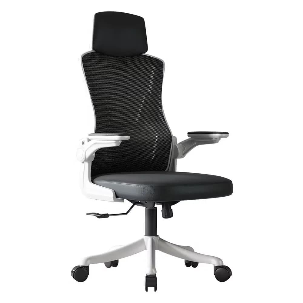 High-back mesh office chair with headrest and white armrests