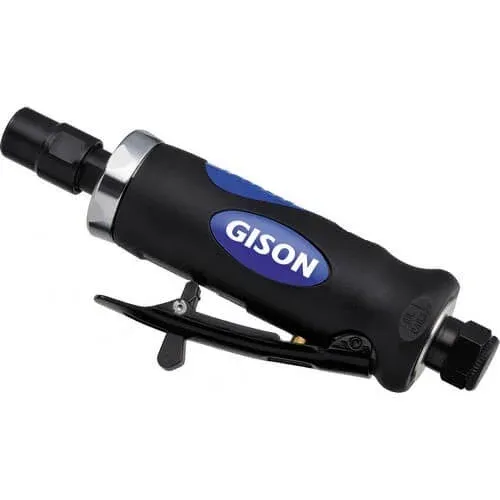 Black and blue pneumatic die grinder with safety lever