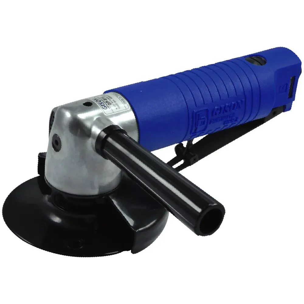 Blue and silver pneumatic angle grinder with wheel guard
