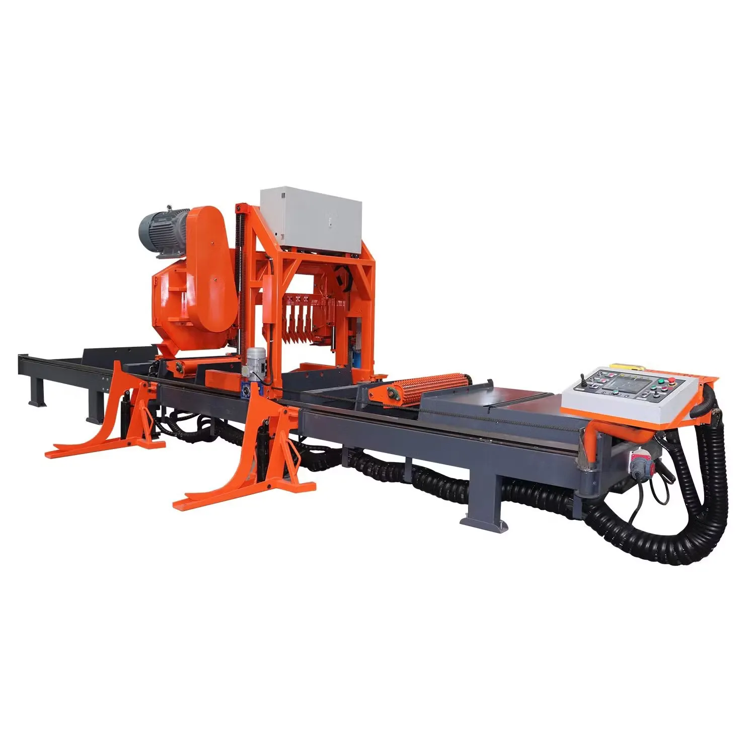 Orange hydraulic horizontal band sawmill on a white background