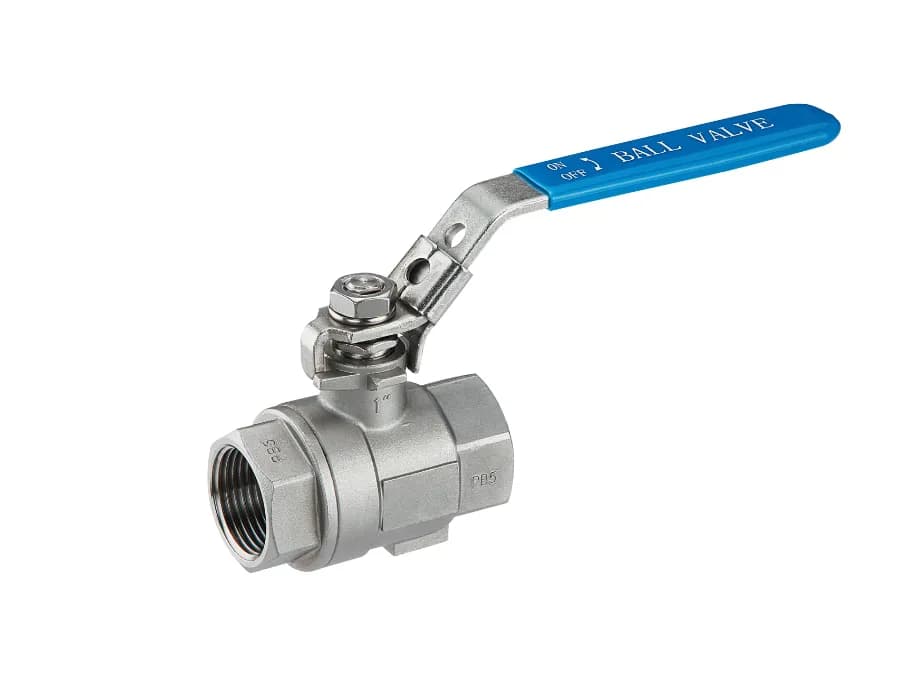 Stainless steel threaded ball valve with a blue lever handle and lock