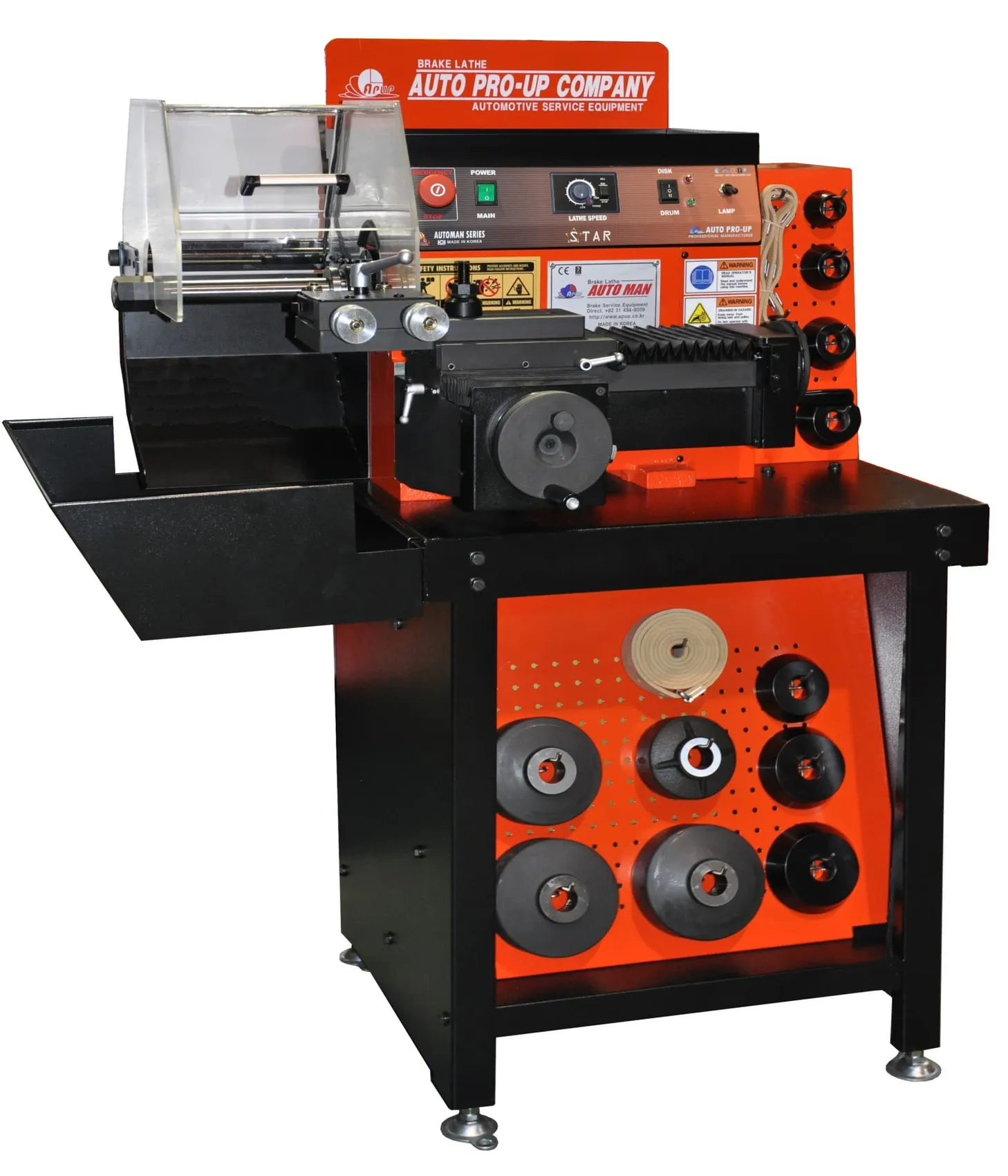 Bench brake lathe on a stand with adapter cones below