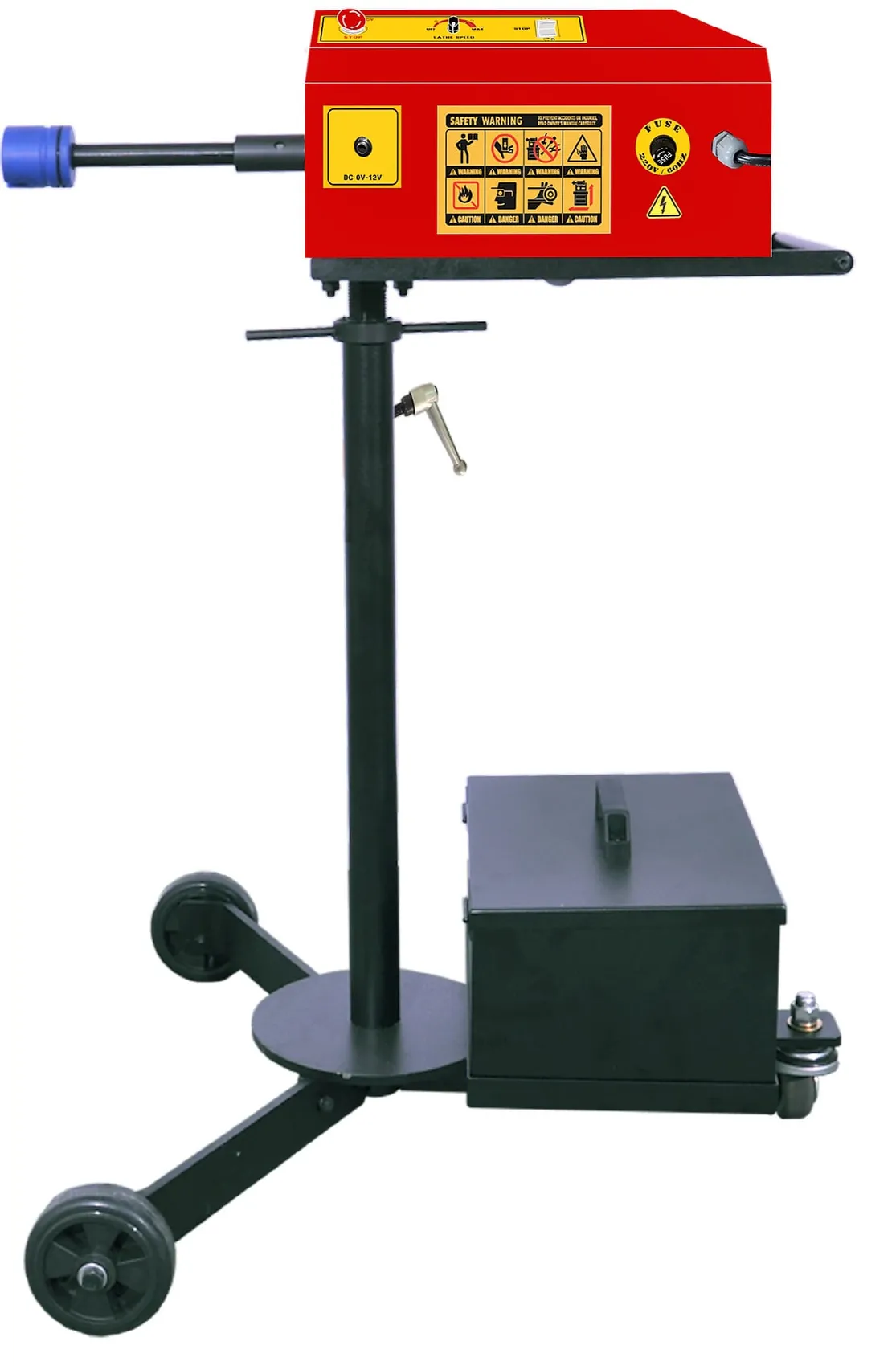 Red on-car brake lathe on a wheeled stand