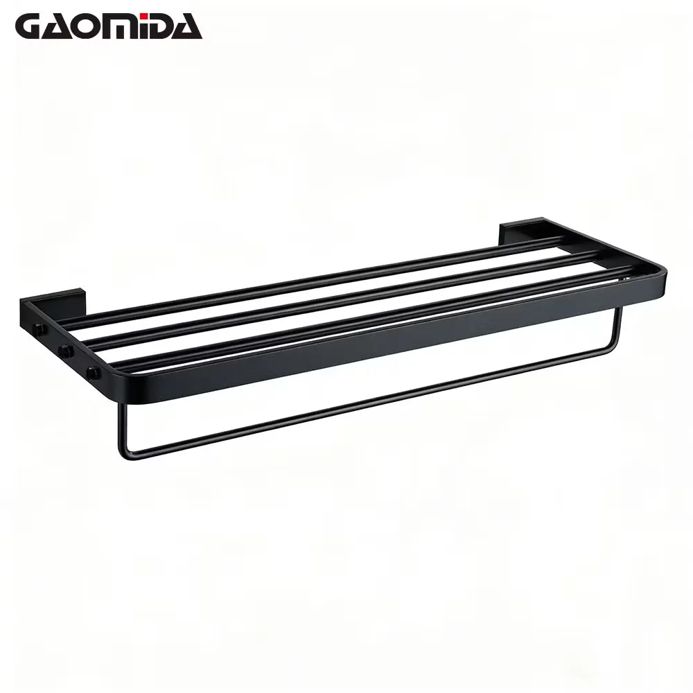 Matte black towel rack with a shelf of rails and a lower bar