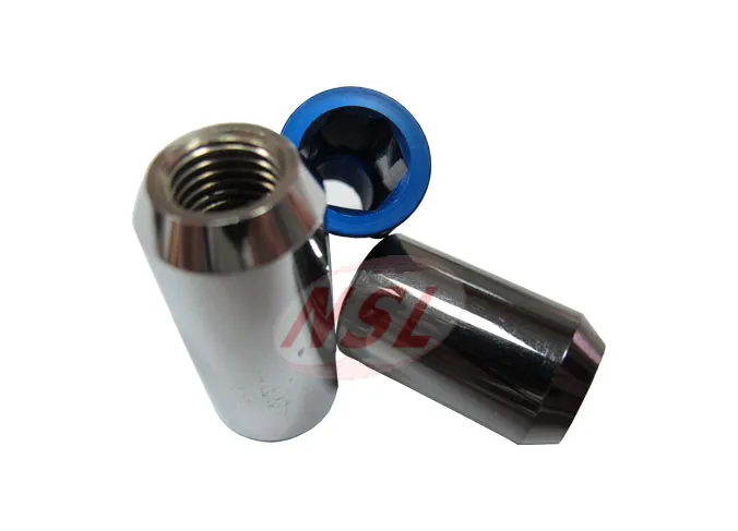 Long chrome and blue open end wheel lug nuts