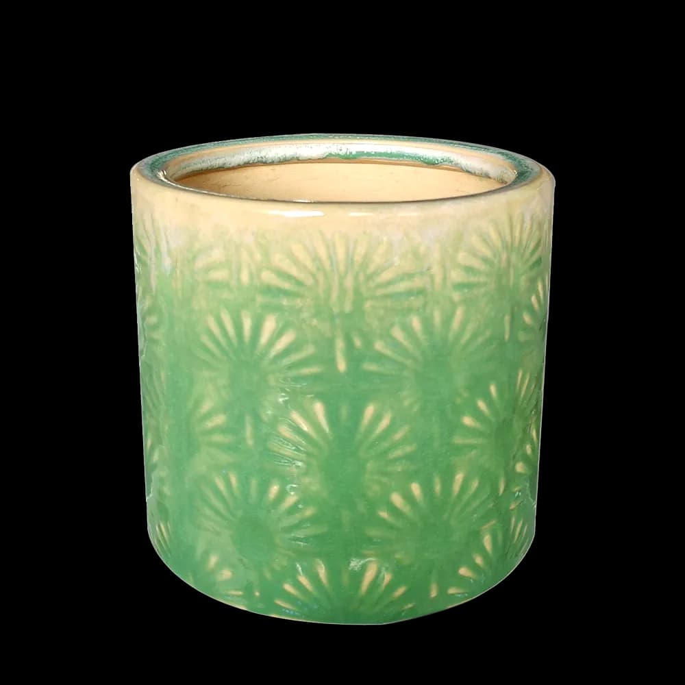 Green glazed cylinder pot with a fan pattern