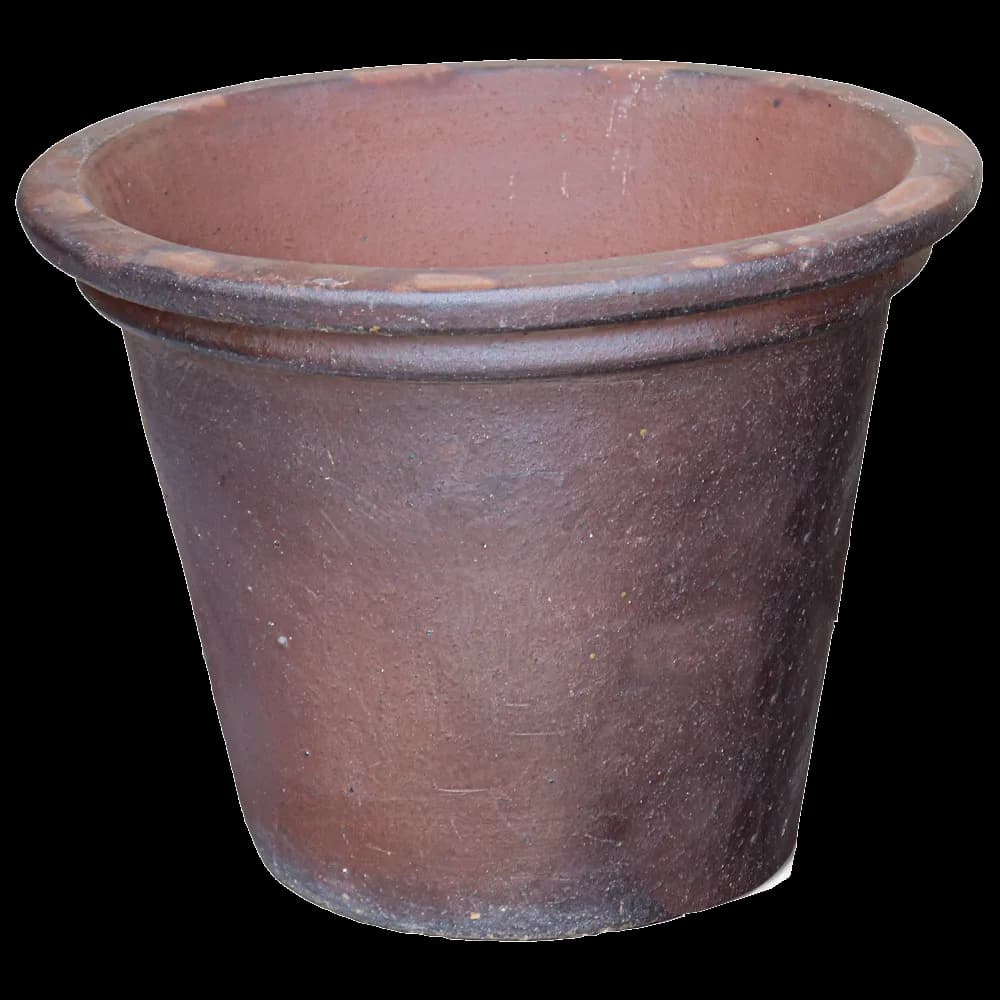 Dark brown tapered clay pot with a rolled rim