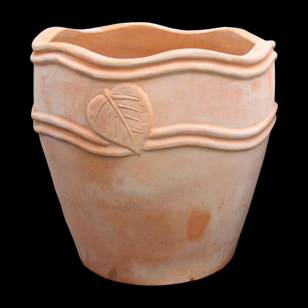 Terracotta pot with a leaf relief and wavy rim