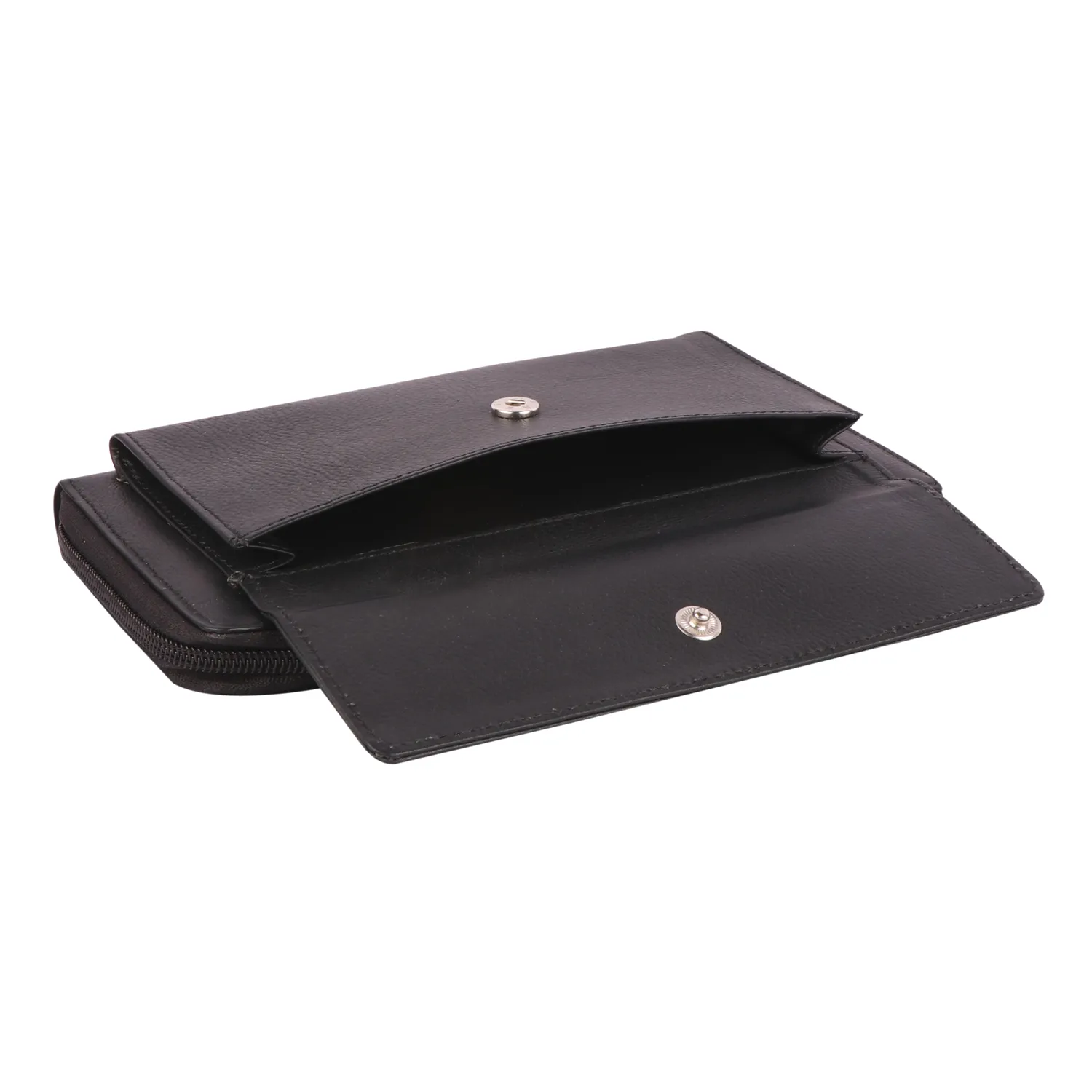 Black leather hand clutch with snap flap and open pocket