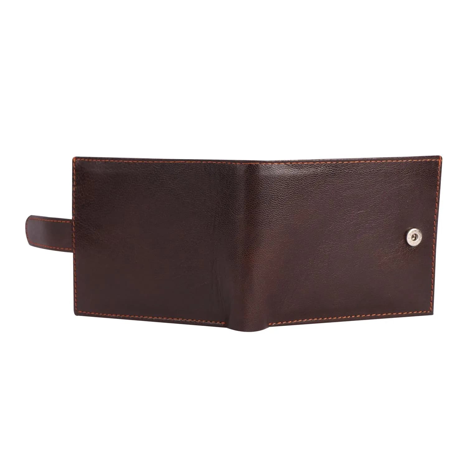 Brown bi-fold leather wallet with snap closure