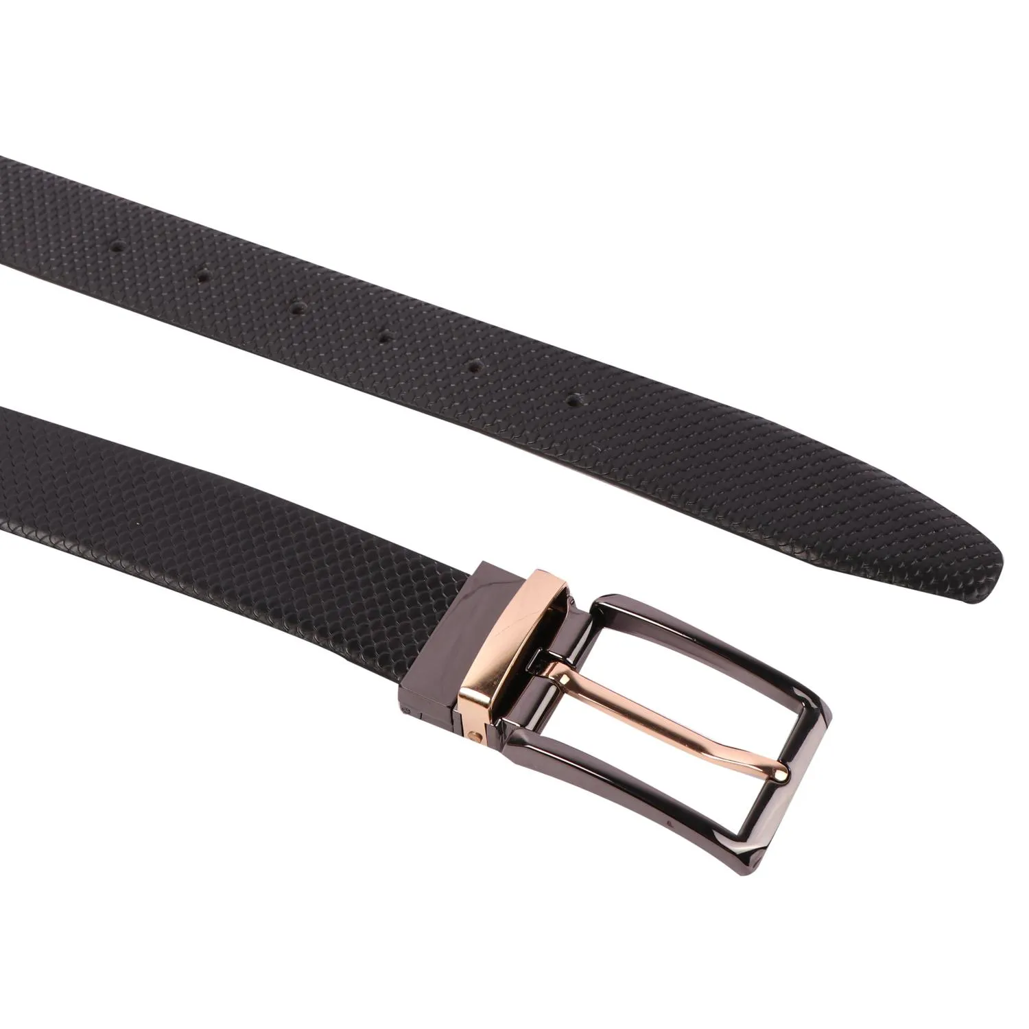Black leather belt with a gold and gunmetal buckle