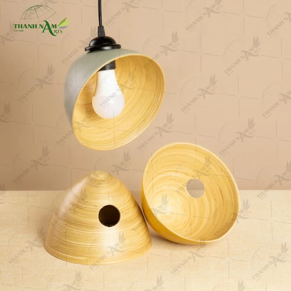 Bamboo pendant lampshades with a hanging light bulb