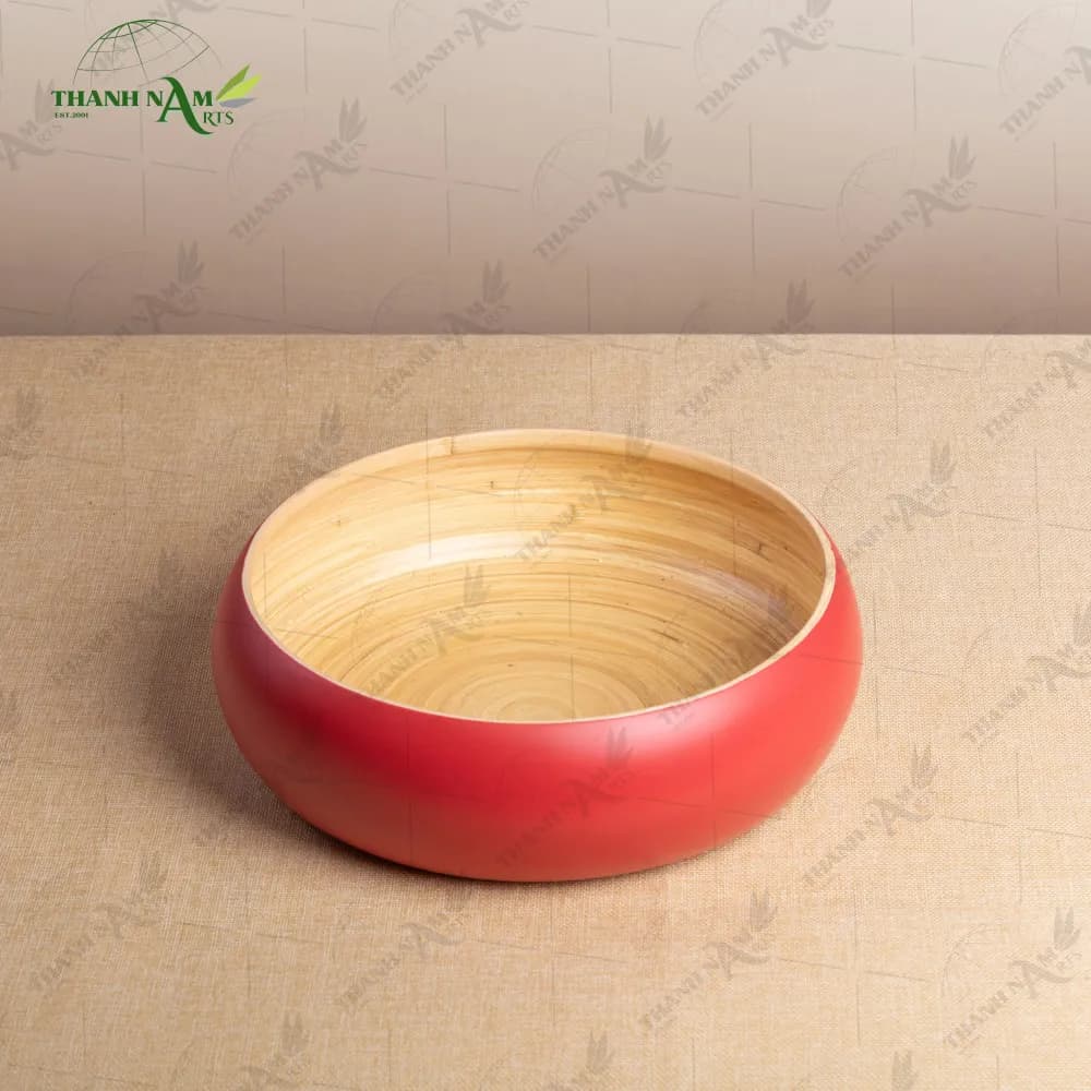 Red lacquered bamboo bowl seen from above