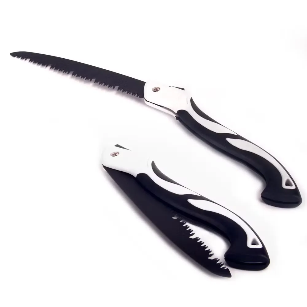 Two black and white folding saws, one open and one closed