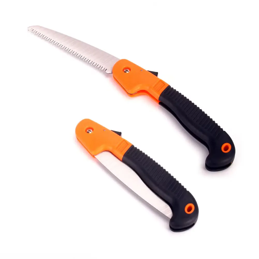 Two orange and black folding saws, one open and one closed