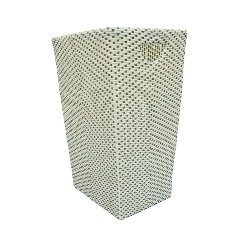 Tall white and black woven hamper basket, angled view