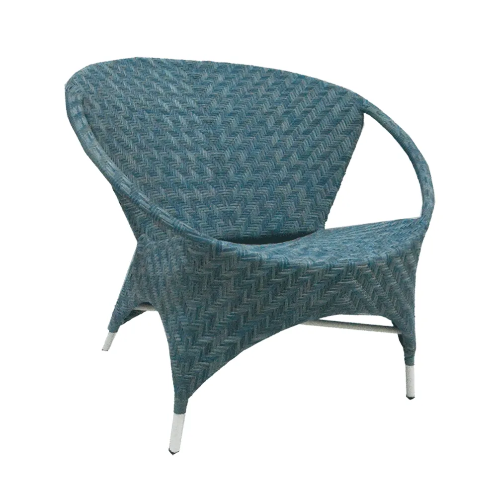 Blue woven lounge chair with a round back, angled view