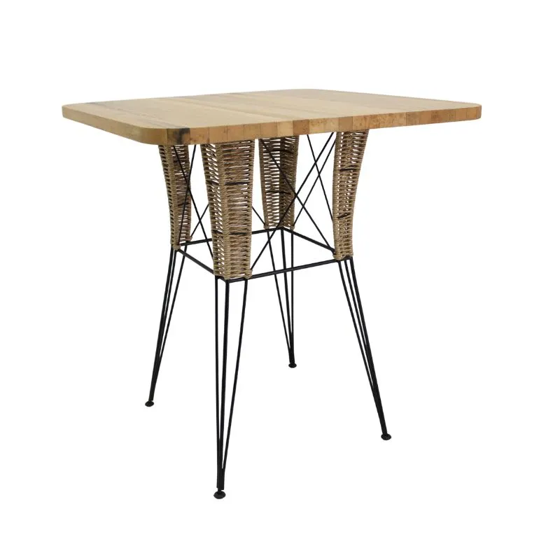 Square cafe table with a wood-look top and black metal legs