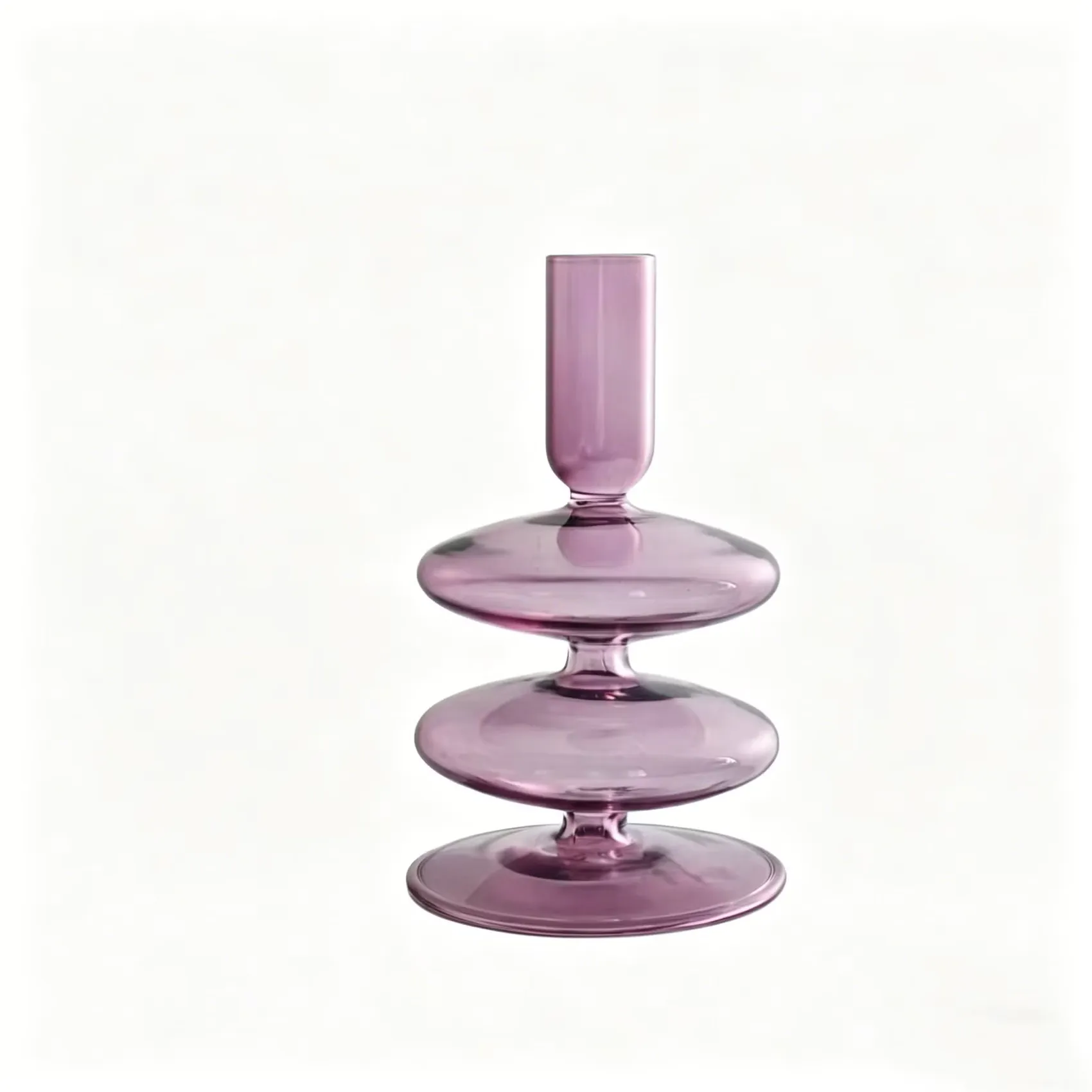 Purple glass candlestick holder with two stacked discs