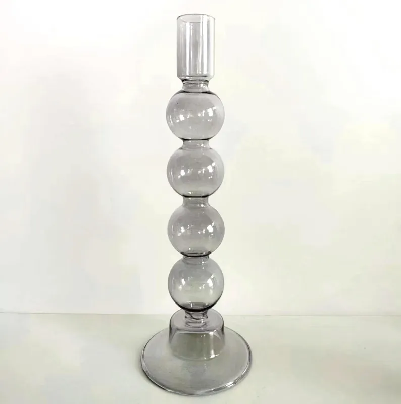 Grey beaded-column glass candlestick holder