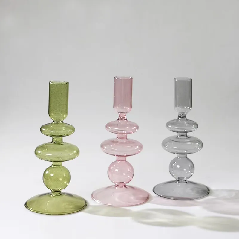 Olive, pink and grey bubble-layer glass candlestick holders