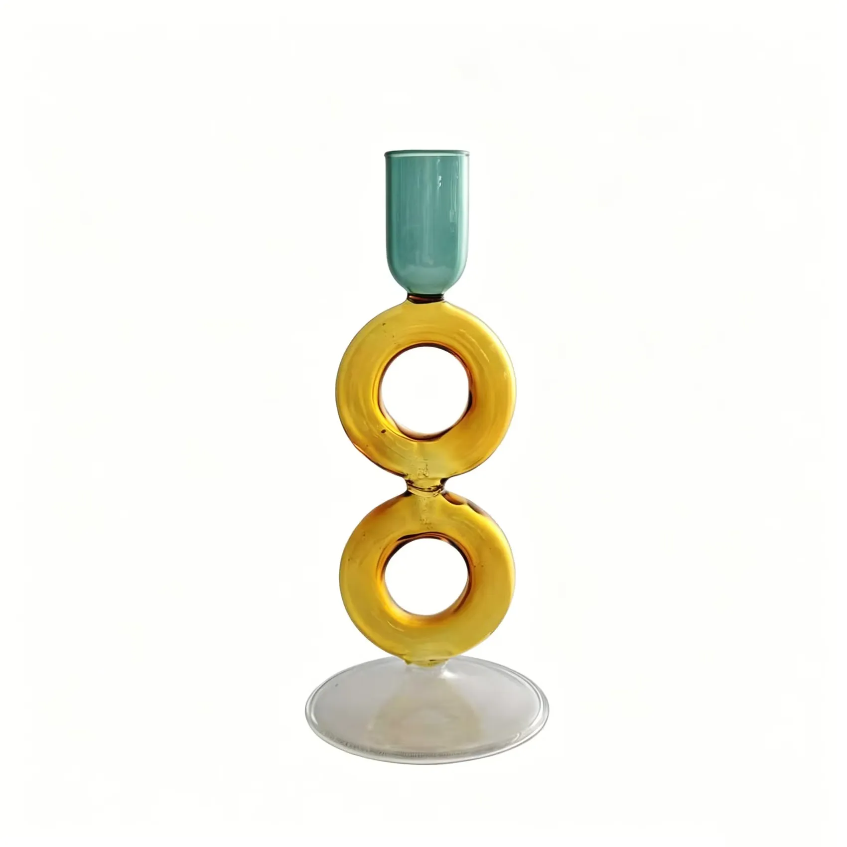 Yellow double-ring glass candlestick holder with a teal cup