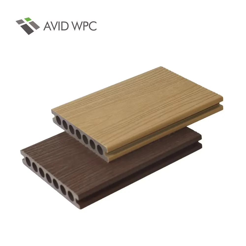 Two hollow decking boards in light and dark wood-grain finishes