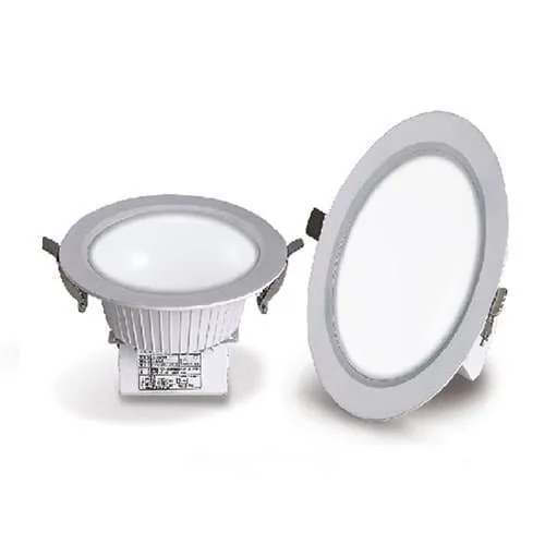 Round recessed LED down lights, one shown from the front