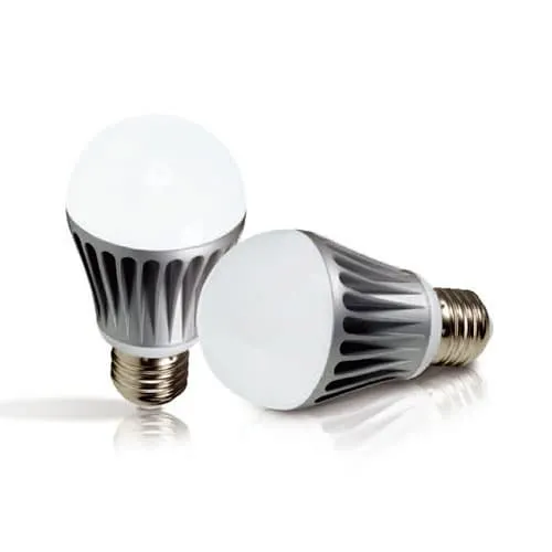 Two white LED light bulbs with finned metal bases