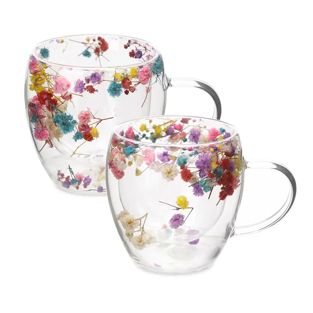 Two double-wall glass cups with dried flowers between the walls