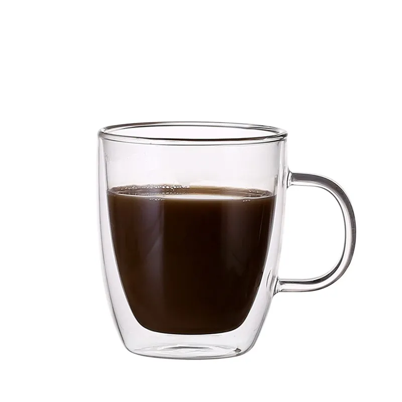 Double-wall glass mug filled with coffee