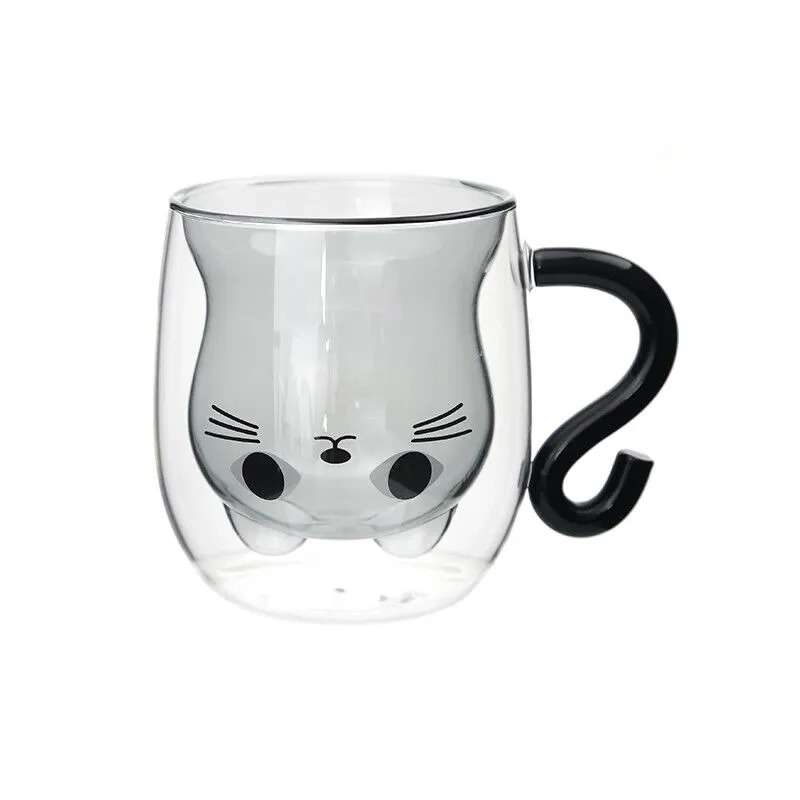 Double-wall glass cup with a cat face and a black handle