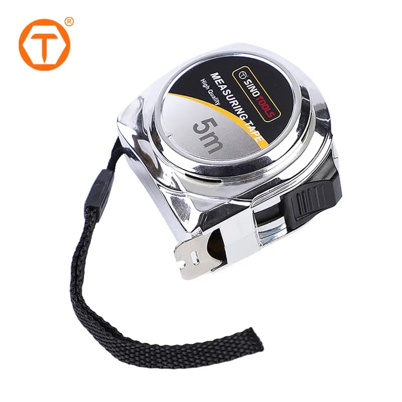 Chrome cased 5 meter tape measure with a black lanyard