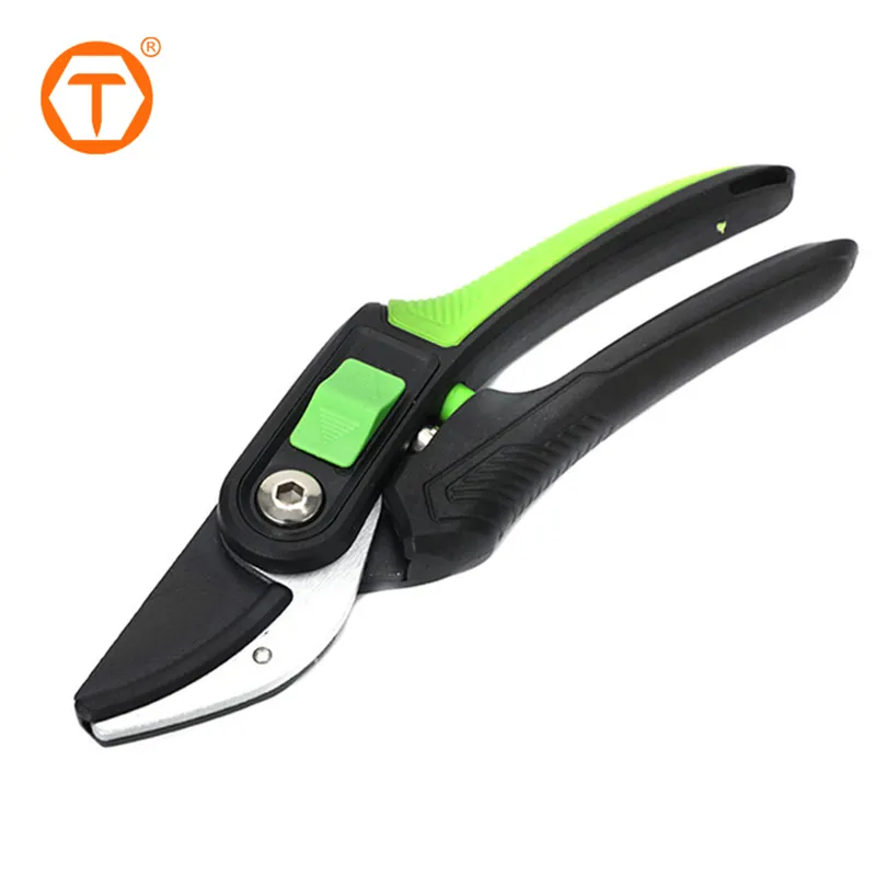 Green and black pruning shears with a steel blade