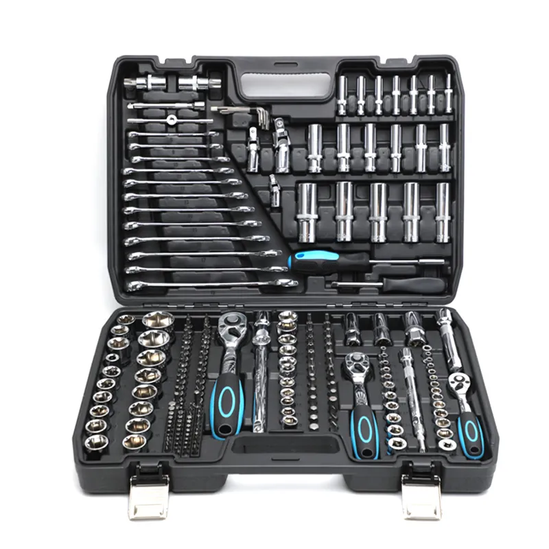 Open black case holding sockets, ratchets and spanners