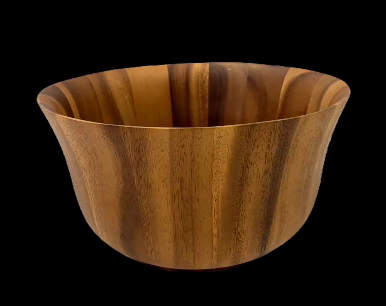 Deep wooden salad bowl with striped grain