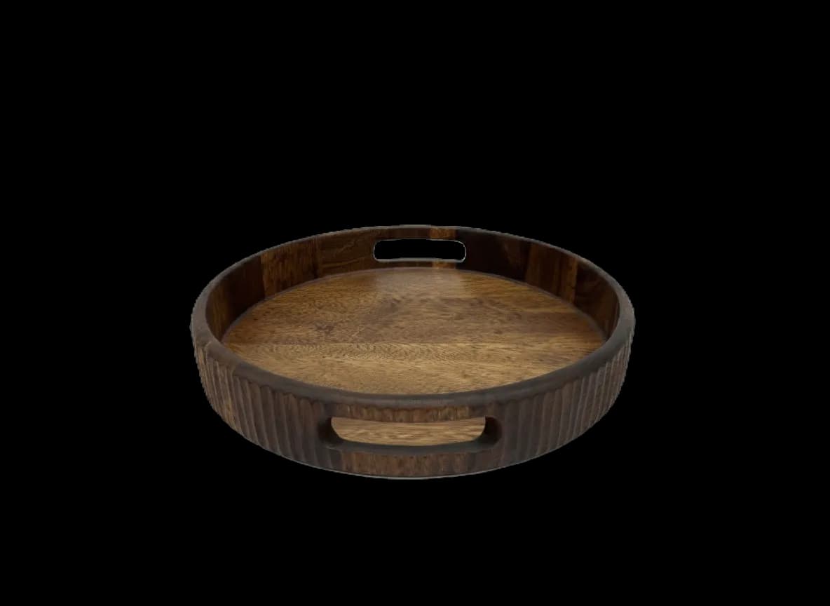 Round wooden serving tray with two handle cutouts