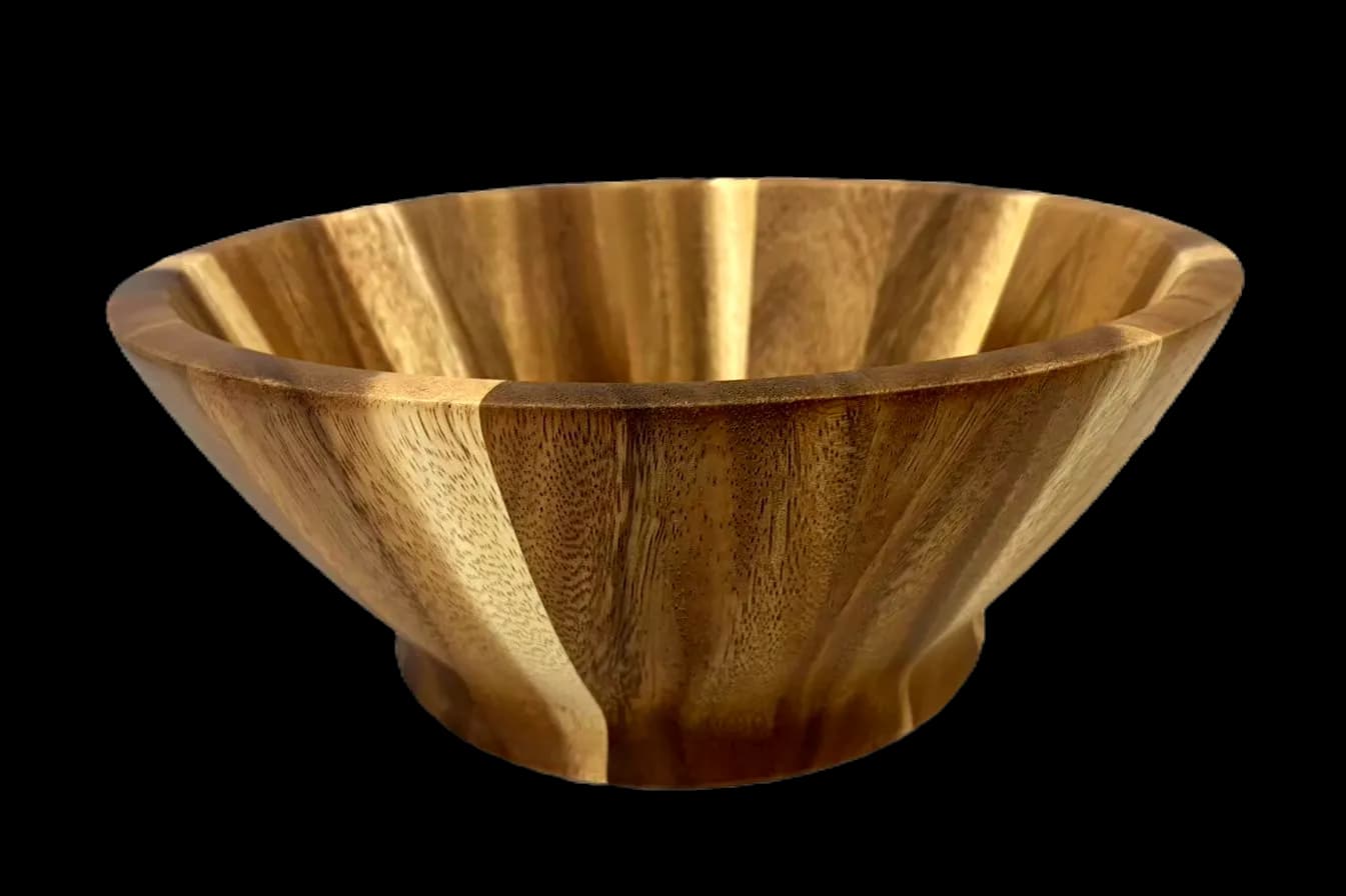 Flared wooden salad bowl with striped grain