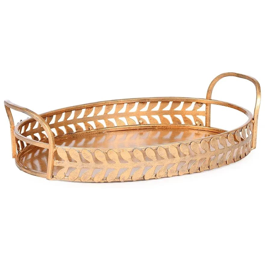 Oval gold-tone metal tray with leaf cut-outs and two handles