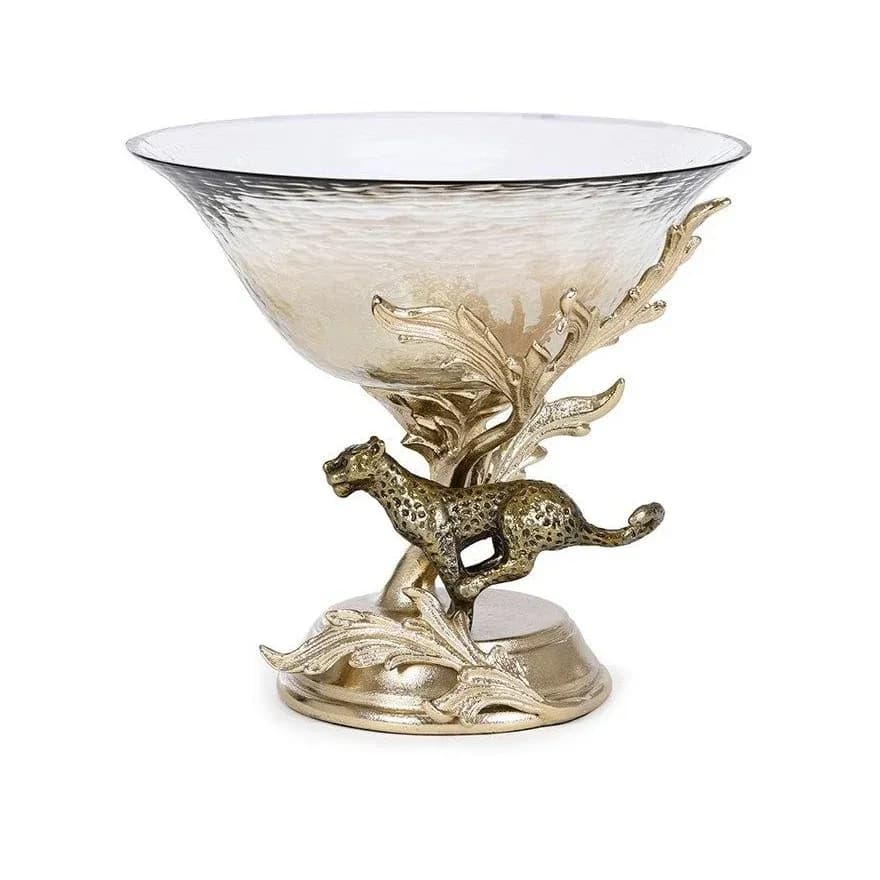 Footed metal bowl with a glass dish and animal figure on the base