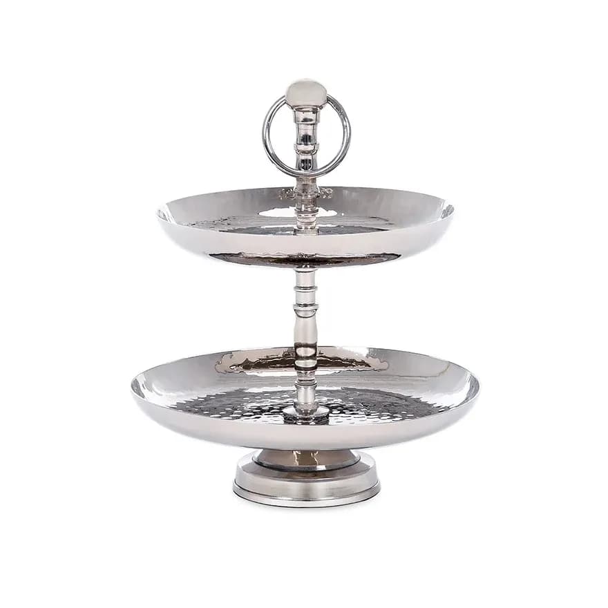 Two-tier polished metal cake stand with a ring handle