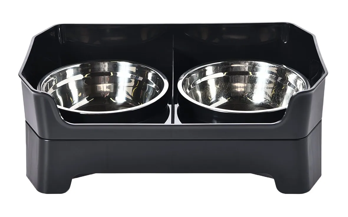 Black raised feeder with two stainless steel bowls