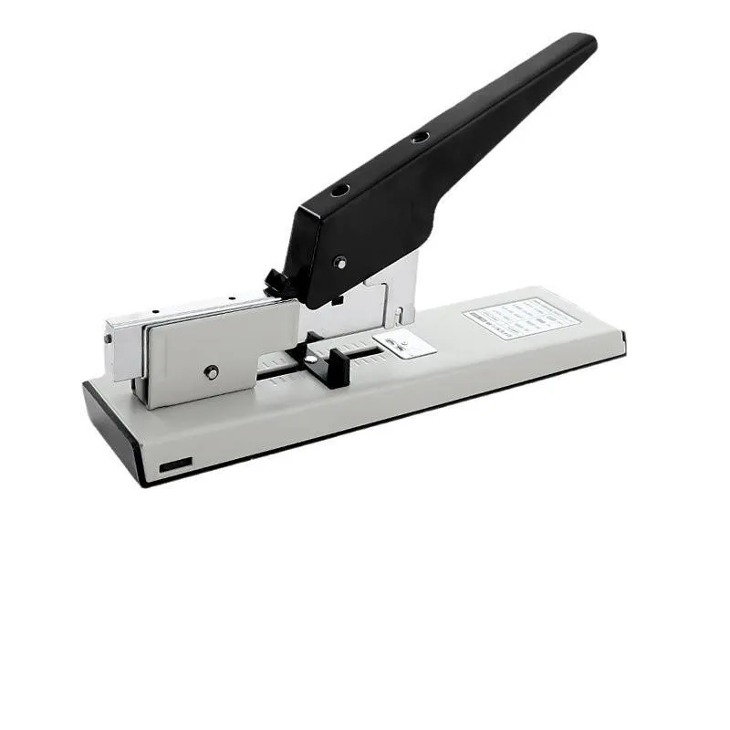 Gray metal heavy-duty stapler with a black handle